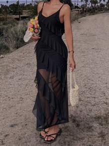 Mesh Insert Sexy Spaghetti Strap Summer Dress - Black - View 3