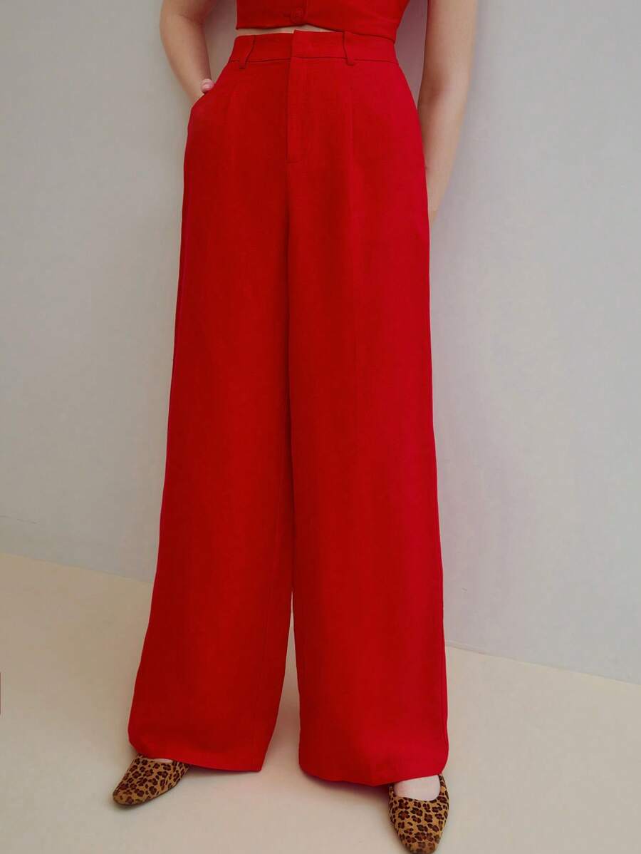MOTF STUDIO LINEN WIDE LEG SUIT PANTS - Red - View 2
