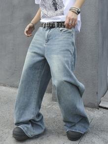 Manfinity EMRG Loose Slant Pocket Casual Wide Leg Jeans For Men - Light Wash - View 1