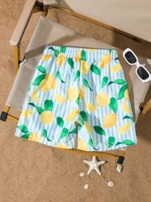 SHEIN Tween Boy Summer Tropical Fruit Print Elastic Waist Drawstring  Beach Shorts, Stylish Casual Striped Swim Trunks Summer Holiday - Multicolor - View 2