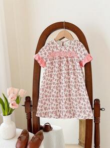 SHEIN Leap Crew Dozemod Baby Girl Baby Girl Floral Pattern Round Neck Ruffle Trim Loose Long Nightgown - Pink - View 2