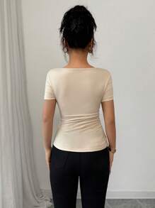 Elenzga Elegant Draped Neck Asymmetric Ruffle Hem Short Sleeve T-Shirt, Summer - Apricot - View 2