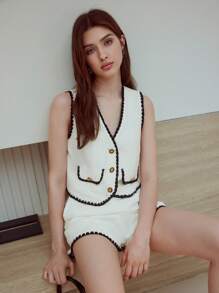 MOTF STUDIO LINEN CONTRAST BINDING WAISTCOAT - Black and White - View 1