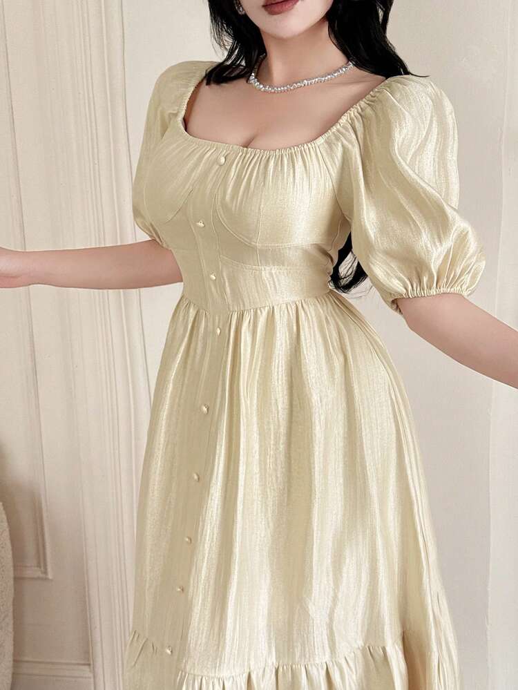 Solid Color Square Neck Lantern Sleeve Women Mid-Length Dress,Casual Women Dresses Maxi Dress
