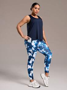 Easithlete Plus Size Solid Color Tank Top & Tie-Dye Print Leggings 2 Pieces Sports Set Workout Women Sets - Navy Blue - View 3