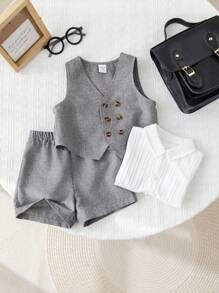 Set de 2 piezas con chaleco y pantalones cortos grises con botonadura doble informal y estilo coreano para niño/niña, adecuado para fiesta de cumpleaños, fiesta de noche, actuación, boda, celebración del mes, bautizo y primer cumpleaños, fiesta de bebé