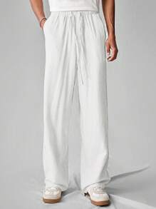 SWAVVY Men's Casual Woven Solid Color Straight Fit Pants, Linen-Like Texture, Everyday Style, School, Fall,Linen