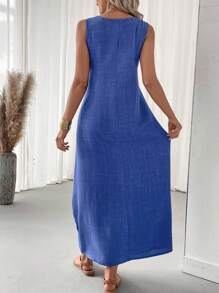 EMERY ROSE Sleeveless Textured Round Neck Casual Loose Dress For Women - Blue - View 2