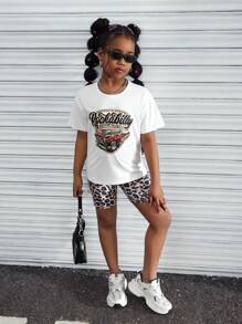 2pcs/Set Tween Girls Casual Fashion Leopard Print Motorcycle Long Sleeve T-Shirt & Pants Set