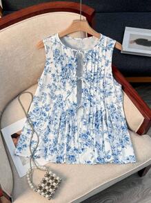 Breezaya Random Print Women's Pleated Hem Floral Pattern Shirt - Blue and White - View 1