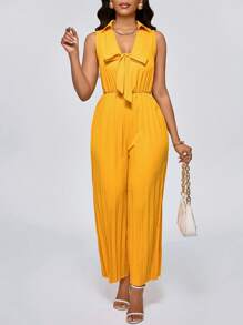 Lyxana Elegant Commuter Solid Color Bowknot Waist Pleated Jumpsuit