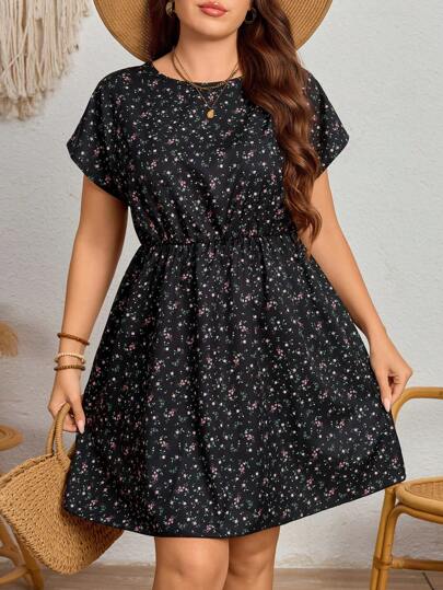 Plus Size Women's Summer New Black Ditsy Floral Casual Round Neck Cinched Waist Dress, Mommy And Me Matching Outfits (2 Pieces Sold Separately)