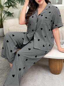 SHEIN 大码黑色条纹心形印花翻领短袖睡衣套装