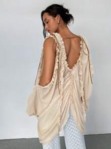 Aloruh Blusa bohemia de mujer en gasa de color albaricoque con cuello en V profundo con volantes y terciopelo