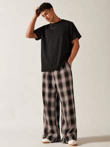 SWAVVY 男士格纹口袋阔腿宽松梭织裤，学校风，秋季