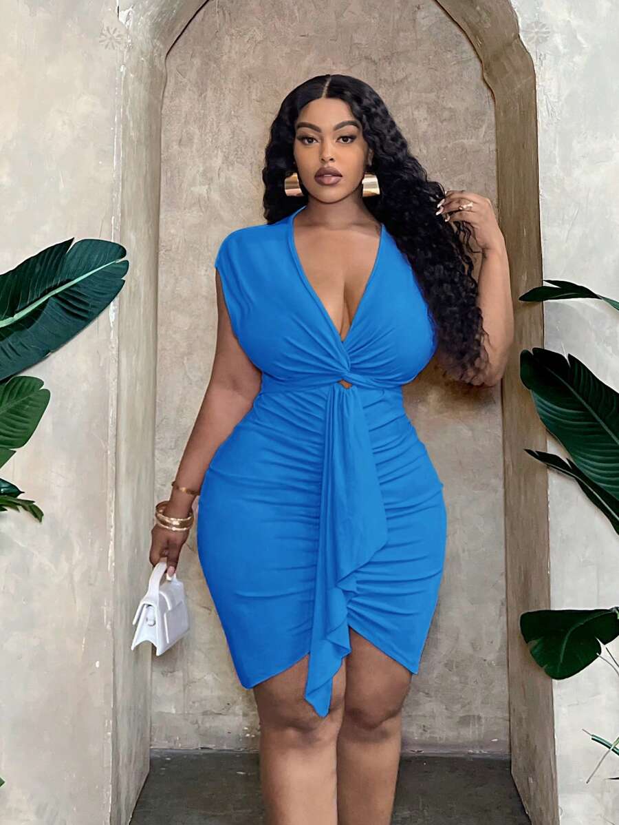 Slaydiva Đầm ngắn nữ cỡ lớn thanh lịch, ôm dáng, thích hợp dự tiệc và hẹn hò, màu hồng trơn, thiết kế xoắn phía trước, chân váy xếp ly và viền voan tương phản, thích hợp cho mùa xuân/hè - F - Màu xanh lam - Xem 1