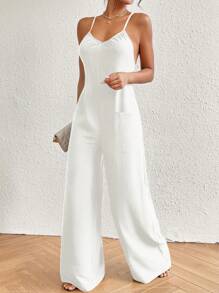 SHEIN VCAY Mono de piernas amplias con doble bolsillo para el verano y la playa - Beis - Ver 3