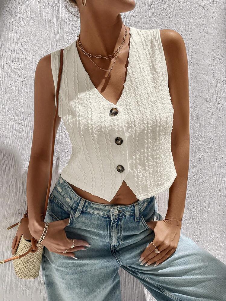 SHEIN LUNE V-Neck Button Front Asymmetrical Hem Casual Holiday Elegant Women Shirt, Patterned Textured Fabric - Apricot - View 1