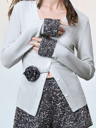 SHEIN LUNE Silver Sequin Patchwork Long Sleeve Fitted Button-Up Cardigan Top For Women