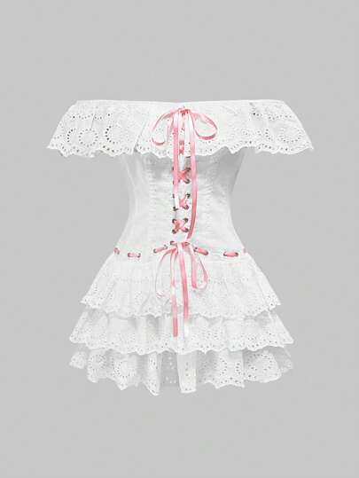 Kawaii Vestido mini con hombros descubiertos y efecto moldeador de la cintura, de estilo retro palaciego