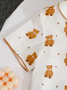 Dozemod Tween Girl Tween Girl 2pcs Cute Bear Pattern Lapel Button Short Sleeve Shorts Loose Casual Woven Pajama Set - White - View 3