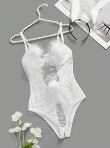 Fantasy Costume 3件套兔女郎服装 - 镂空露胸开裆乳贴+头饰+连体衣，毛绒装饰蕾丝拼接女士内衣角色扮演新娘内衣 - 白色 - 查看 1