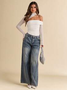 SHEIN BAE Women's Long Sleeve Mesh Asymmetrical Neck Ruched Bodycon Tops, Autumn/Winter - White - View 3