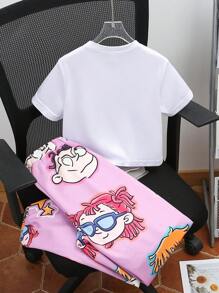 Conjunto de 2 piezas cómodo para niñas preadolescentes con Top de manga corta con estampado de dibujos animados y pantalones largos casuales - Multicolor - Ver 2