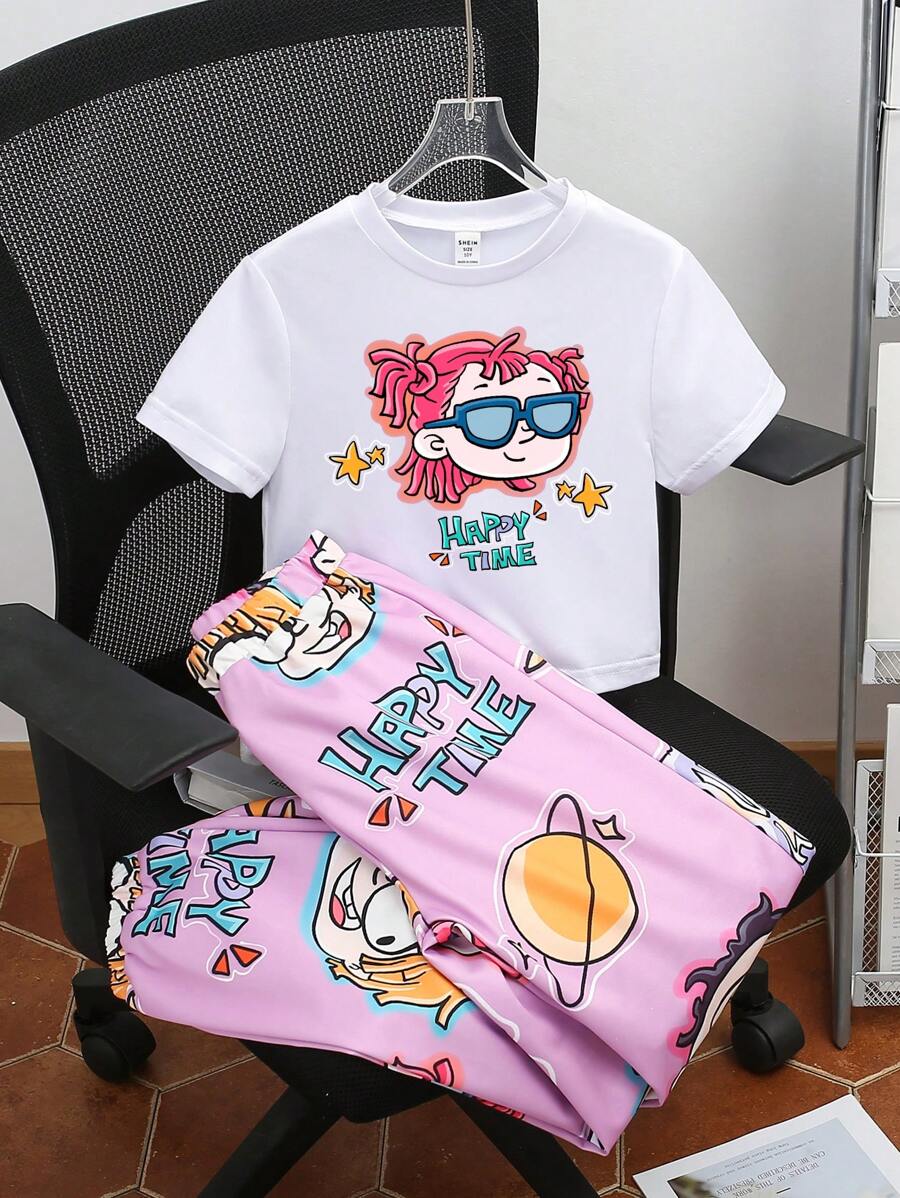 Conjunto de 2 piezas cómodo para niñas preadolescentes con Top de manga corta con estampado de dibujos animados y pantalones largos casuales - Multicolor - Ver 1