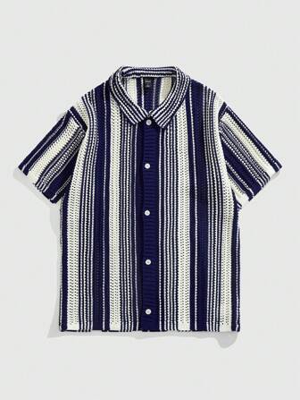 Street Life Top tricoté décontracté à manches courtes à rayures et simple boutonnage pour homme