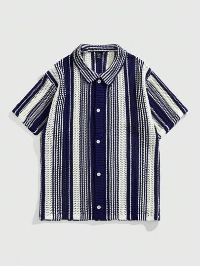 Street Life Herren gestreiftes Kurzarm-Lässig-Strick-Top mit Einzelreihe