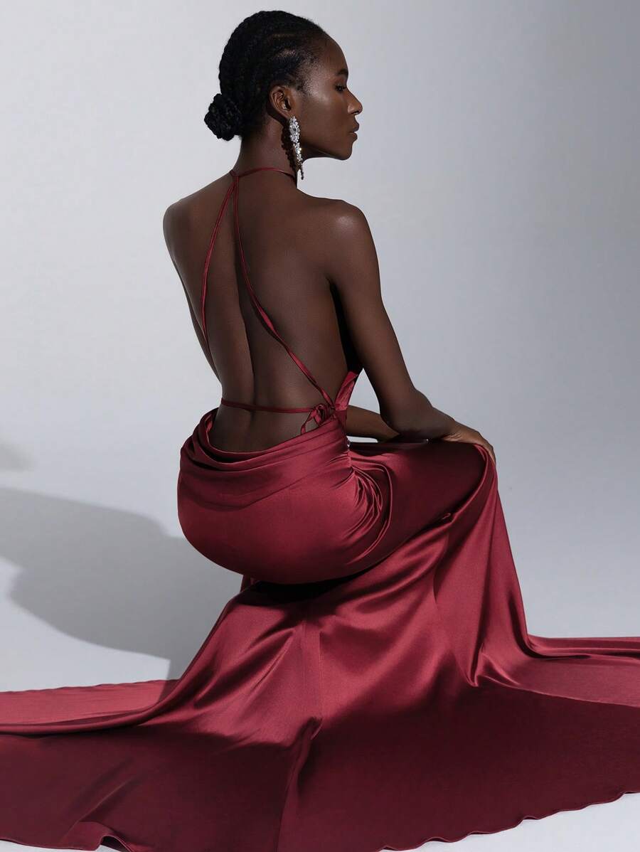 Elitara 优雅的勃艮第缎面挂脖鱼尾侧高开衩露背交叉系带深 V 领长裙，适合正式场合、派对、度假、礼服、晚会、婚礼宾客