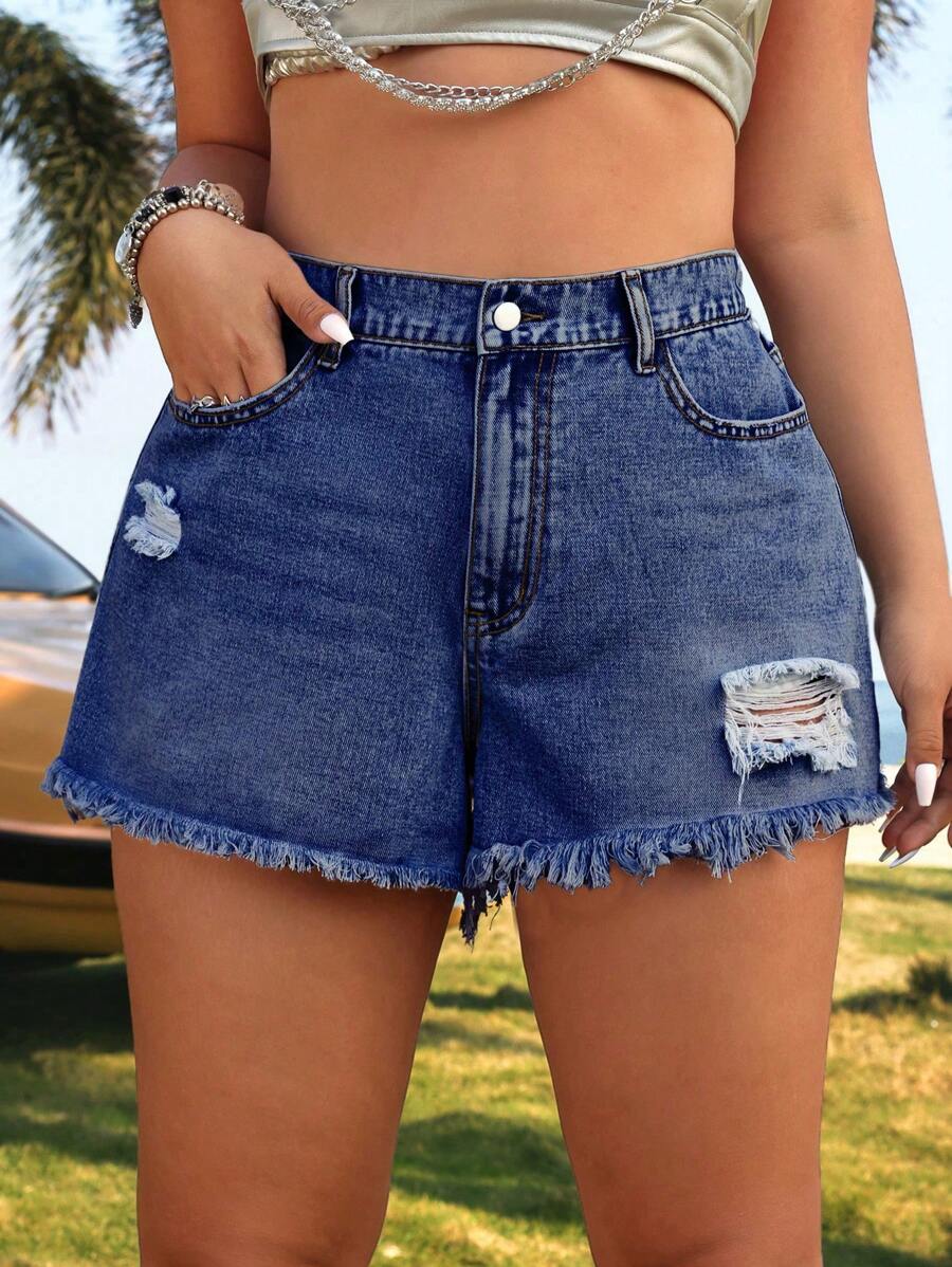 SHEIN ICON 大码休闲水洗做旧磨边牛仔短裤