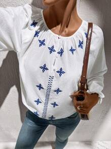 SHEIN LUNE Damen Rundhals geraffter Knopf Halbgeöffneter Laternenkrempel Stickerei Baumwolle Lässig Urlaubs Elegante Bluse