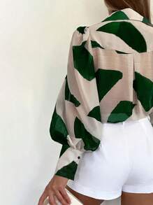 INAWLY Women's Fashion Commuting Contrast Color Print Lantern Sleeve Blouse Fall Cloth For Women - Green - View 3