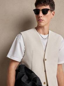 AKNOTIC 2pcs/Set Men Linen Woven Casual Loose Fit Sleeveless Jacket And Drawstring Waist Straight Leg Shorts Suits, Suitable For Summer, Vacation, Wedding, Party, Couple Outfit, Men's Gift, Beachwear, Graduation Gift