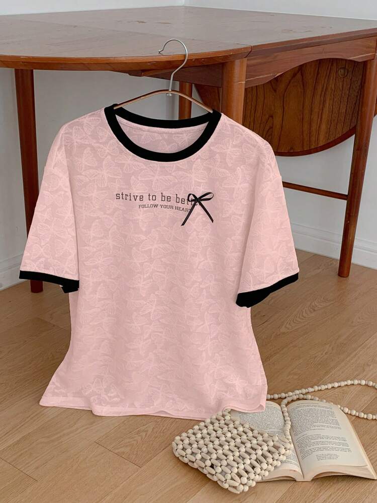 Spring New Loose Casual Women T-Shirt With Letter Print And Bow Decor