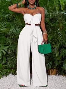 Slaydiva Conjunto de vacaciones para mujer con top bandeau con lazo delantero y pantalones de pierna ancha en color rosa rojo - Blanco - Ver 4