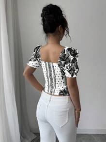 Elenzga 女式蓝白波西米亚印花方领泡泡袖短款上衣