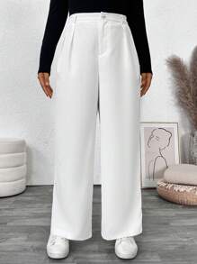 Juhart Plus Size Women Solid Color Pleated Loose Wide Leg Casual Pants Fall Cloth For Women