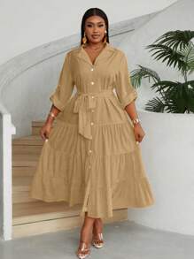 Maweii Đầm Maxi Tay Dài Cổ Chữ V Thanh Lịch Cài Nút Phía Trước Cho Nữ Cỡ Lớn Có Thắt Lưng Với Viền Xếp Ly Nhiều Lớp Trang Phục Nữ - Màu Khaki - Xem 4