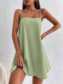 SHEIN PETITE 夏季休閒純色細肩帶迷你洋裝，波希米亞風，適合女性與小個女生的夏季洋裝 - 薄荷綠 - 查看 5