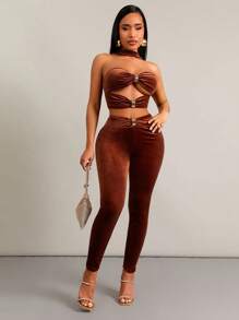 SHEIN SXY Women's Ruffle Cutout Cropped Halter Neck Top And Pants Sexy 2 Pieces Set - Coffee Brown - View 6
