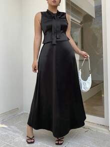 Dazy Plus Set de 2 piezas Falda sin mangas con cordones de unicolor, elegante para oficina y uso diario, primavera/verano, negro