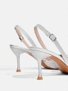 CUCCOO TILAWA Women's Silver Pointed Toe Mid Heel Rhinestone Decorated Closed Toe Sandals, Sexy Evening Party High Heels For Christmas - Silver - View 13