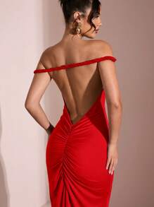 SHEIN BAE Elegant Off Shoulder Backless Bodycon Ruched Wine Red Long Dress For Women, Suitable For Valentine's Day Date