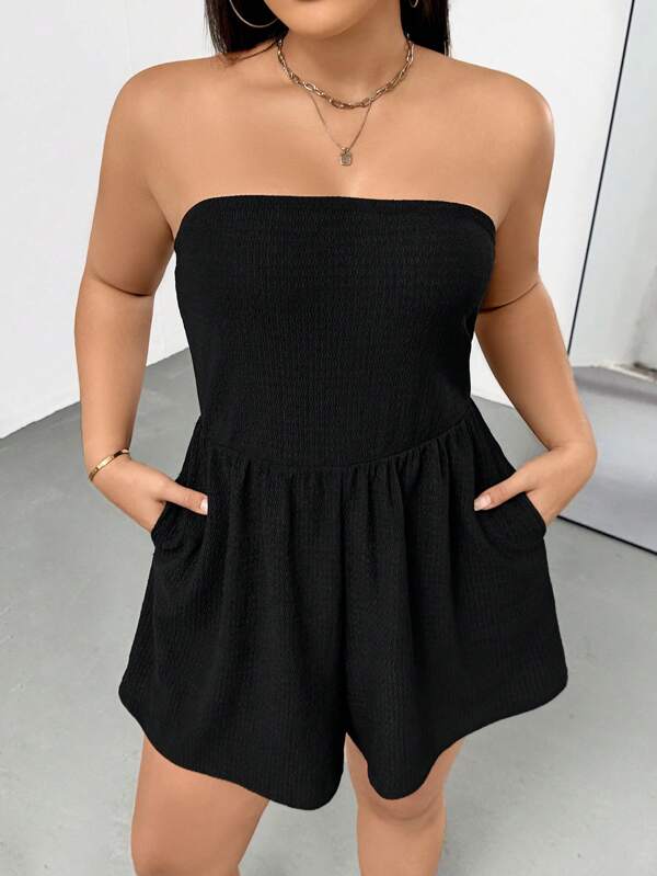 SHEIN Essnce Plus-Size Women's Casual Romper, Holiday Dress, Black Shorts Romper,Flowy Pants Going Out Outfits,Overalls Women Summer Outfits For Women