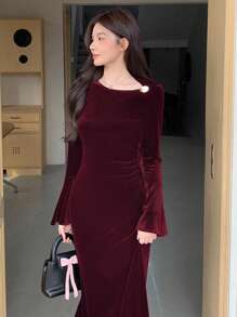 DAZY Rochie midi romantică de Ziua Îndrăgostiților, cu mâneci evazate, croială slim, pentru femei, elegantă de primăvară, rochie de toamnă, rochie cu mânecă lungă, rochii roșii de Crăciun pentru femei - Burgundia - Vizualizare 4