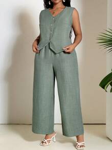 SHEIN PETITE CURVE Damen Zweiteiler aus einfarbiger Bluse mit Knopfleiste ohne Ärmel und langer Hose, Sommer Damen Outfit Sets, Winter Damen Sets