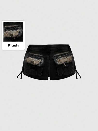 Grunge Punk Y2K Kpop Harajuku Gyaru Style Patchwork Furry Super Low Rise Super Low Waist Mini Denim Shorts
